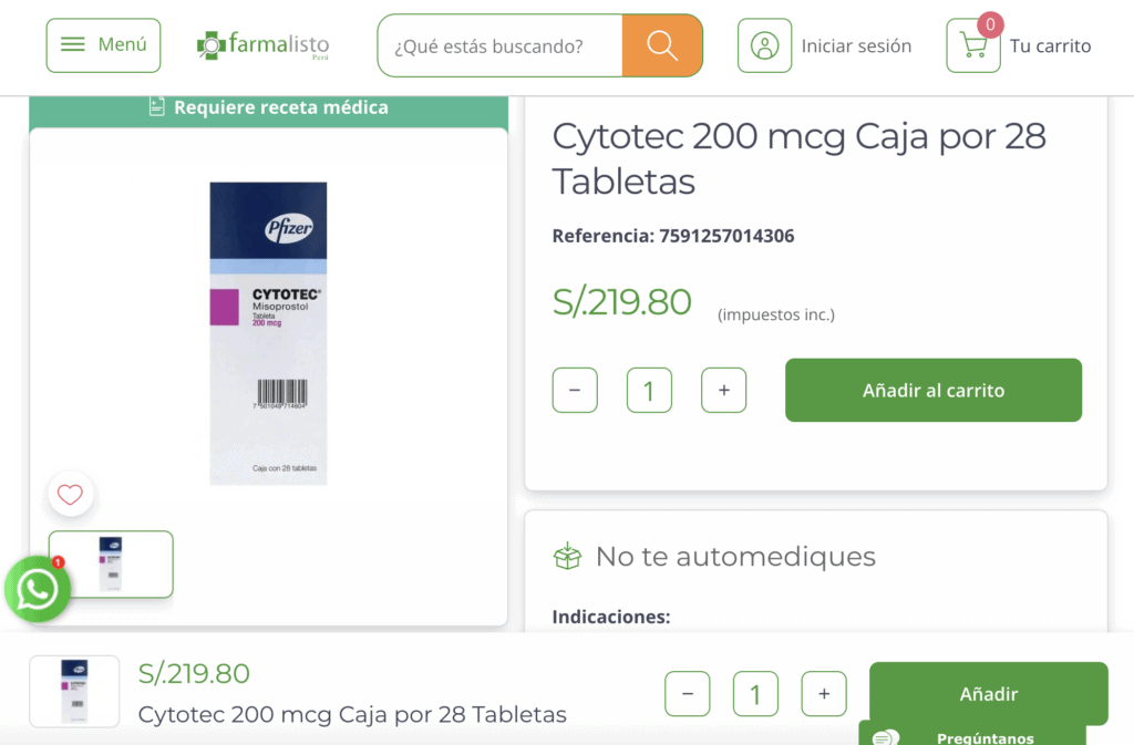 Precio de Cytotec en la farmacia farmalisto.com.pe